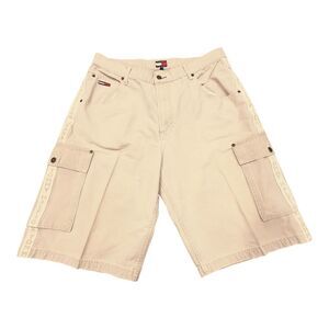 Vintage 90s Tommy Hilfiger Mens 38 Distressed Spell Out‎ Baggy Jean Shorts Y2K